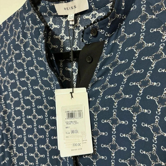 NWT Reiss Navy Viviyan Printed Flippy Dress - Equestrian Chain Silky - Picture 7 of 10